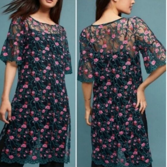 Anthropologie Moulinette Soeurs Sheer Floral Embroidered Dress SZ XL - Picture 1 of 9